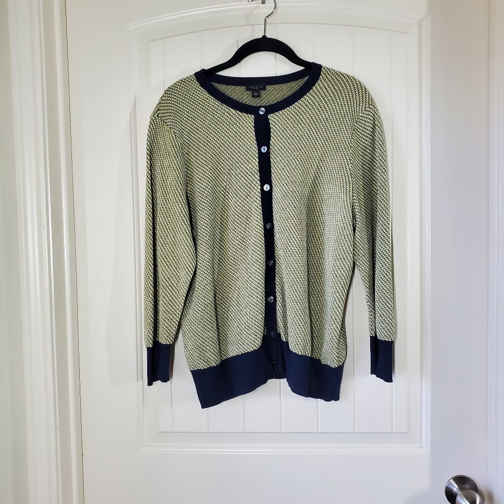 Ann Taylor factory button up long sleeve cardigan in navy blue and green…